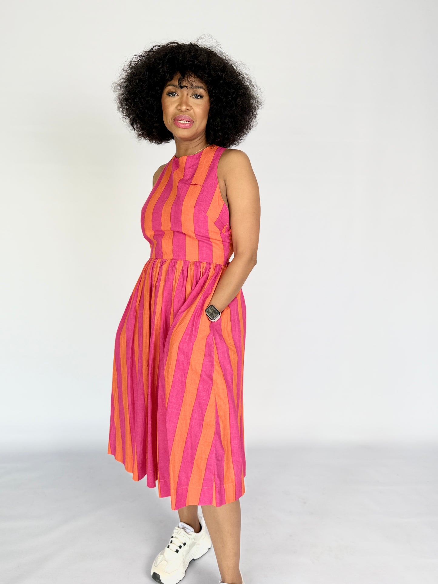 Ladies Dress - Criss Cross back l Pink and Orange Stripe