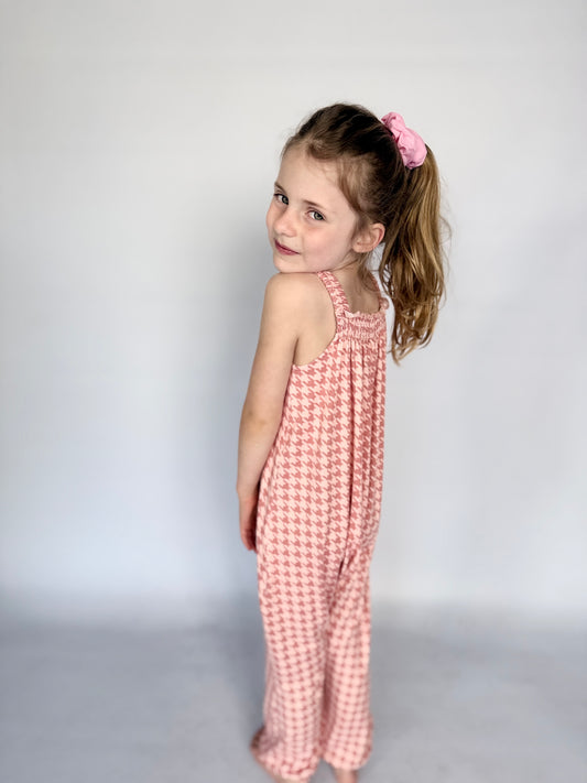 Girls Jumpsuit - Pink and White Houndstooth