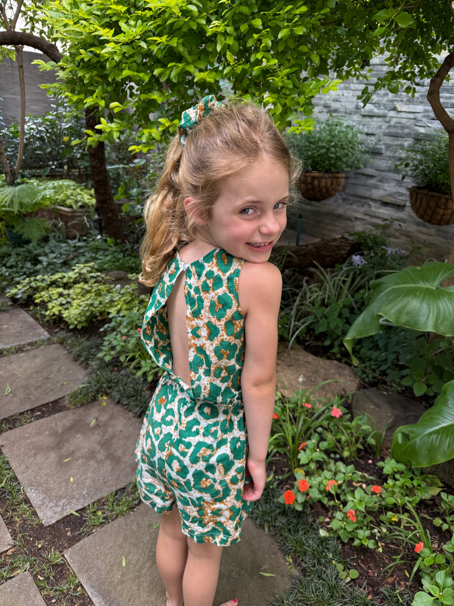 Girls Playsuit - Green Animal Print