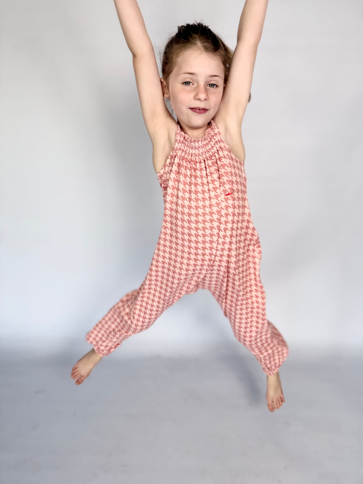 Girls Jumpsuit - Pink and White Houndstooth