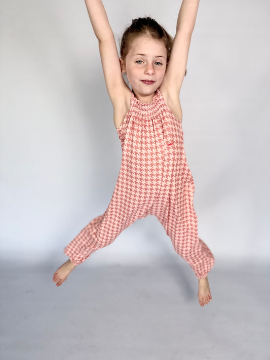 Girls Jumpsuit - Pink and White Houndstooth