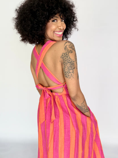 Ladies Dress - Criss Cross back l Pink and Orange Stripe