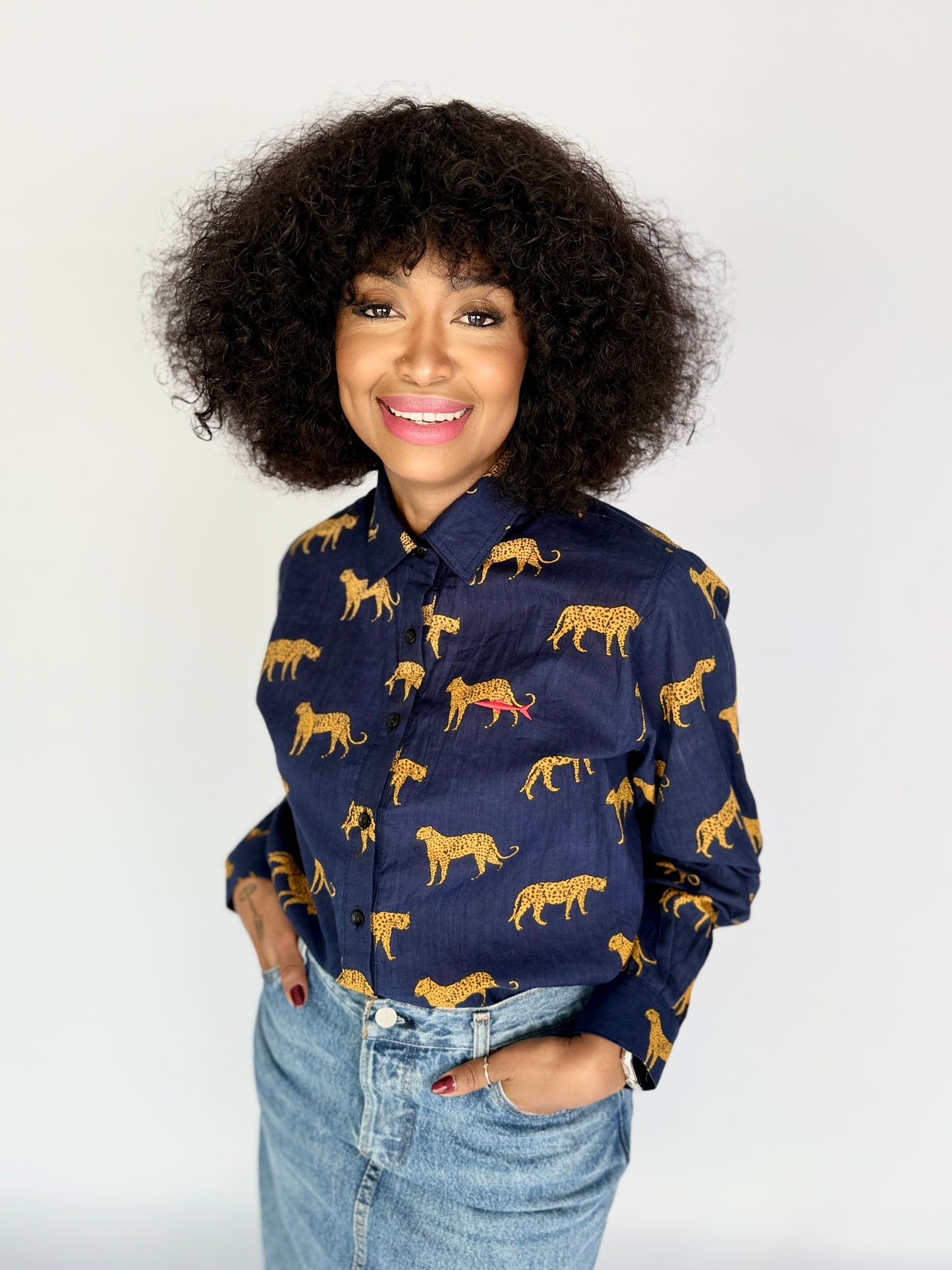 Ladies Shirt - Navy w Orange Leopards