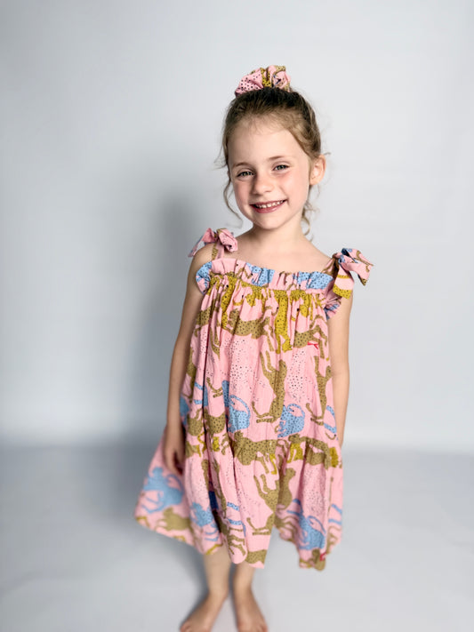 Girls Swirly Dress - Cheetah on Blush