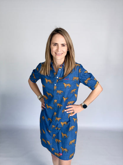 Ladies Shirt Dress - Royal Blue w Orange Leopards