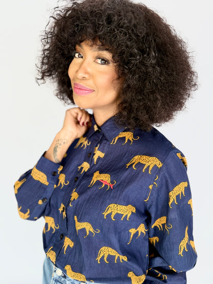 Ladies Shirt - Navy w Orange Leopards