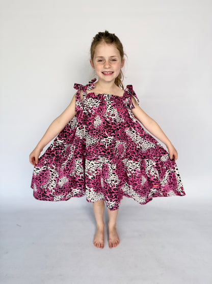 Girls Swirly Dress - Bright Pink Animal Print
