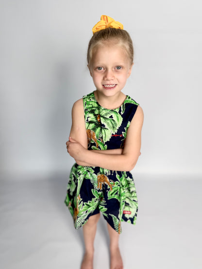 Girls Playsuit - Navy w Green Giraffe