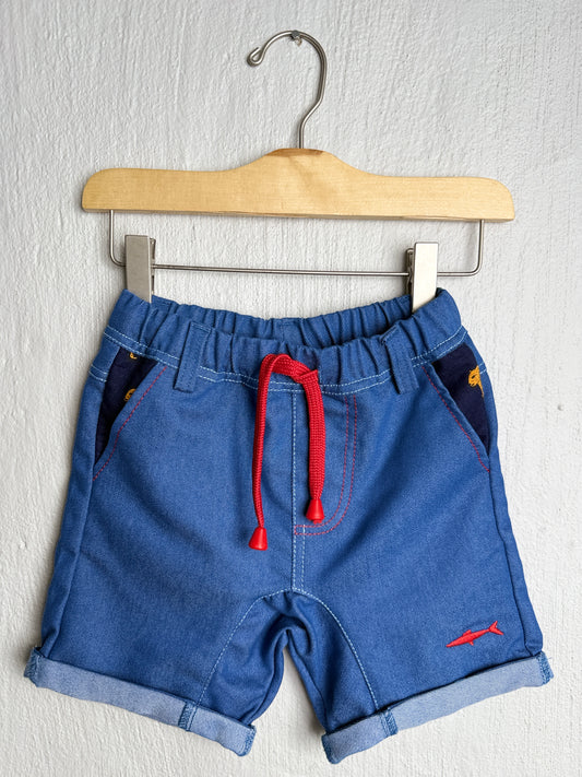 Boys Smart Shorts - Navy Denim - Navy w Orange Leopards Insert