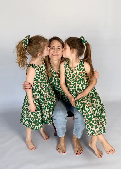 Girls Criss Cross back Dress - Green Animal Print