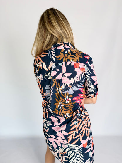 Ladies Shirt Dress - Blue Botanic