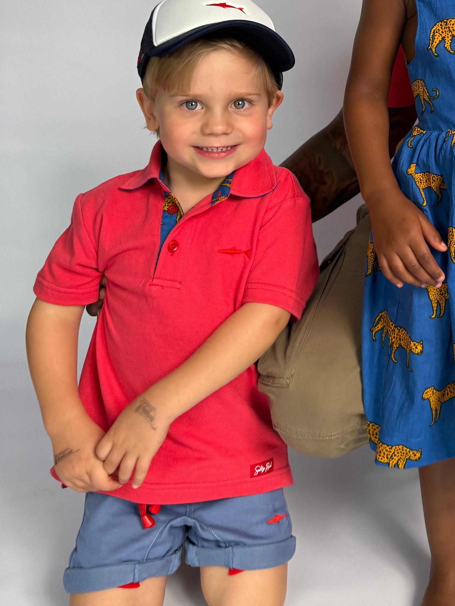 Boys Smart Shorts - Mid Blue - Navy w Orange Leopards Insert