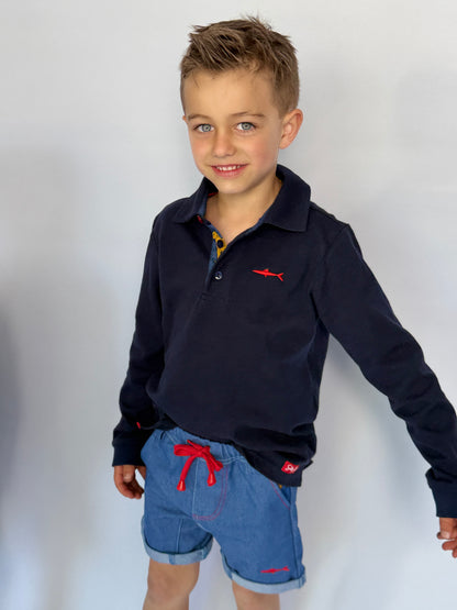 Boys Long Sleeve Golfer - Navy - Navy w Orange Leopard Insert