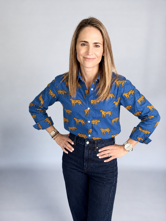 Ladies Shirt - Royal Blue w Orange Leopard