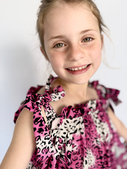 Girls Swirly Dress - Bright Pink Animal Print