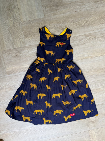 Girls Criss Cross back Dress - Navy w Orange Leopards