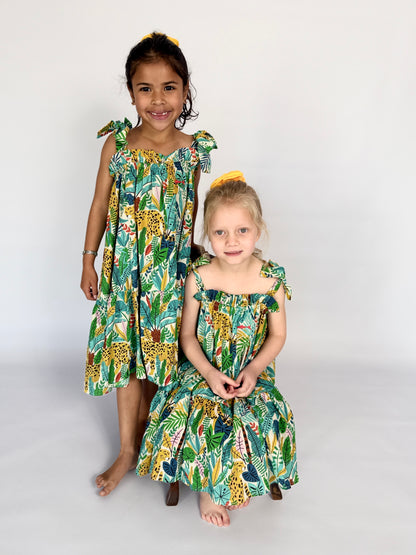 Girls Swirly Dress - Blue and Green Wild Africa