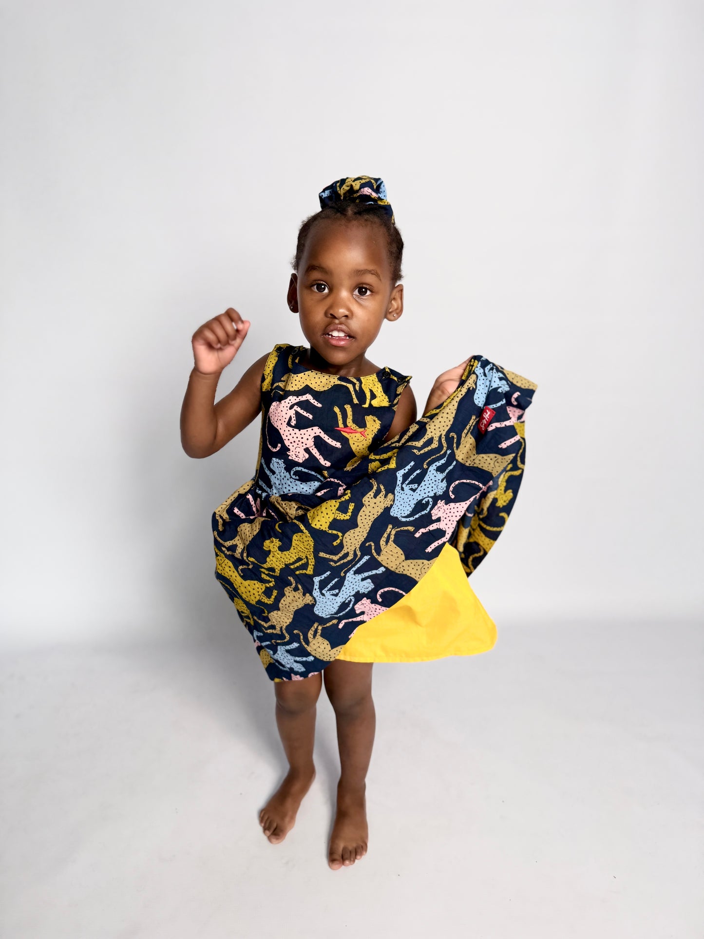 Girls Criss Cross back Dress - Cheetah on Navy