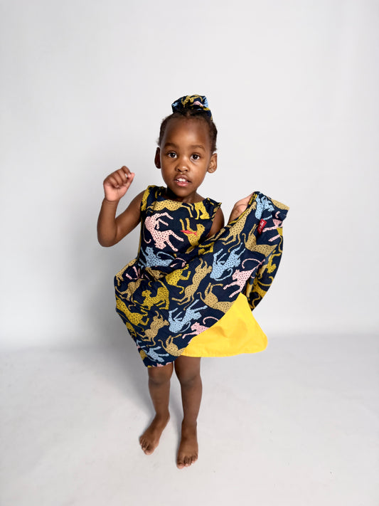 Girls Criss Cross back Dress - Cheetah on Navy