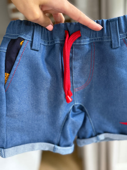 Boys Smart Shorts - Navy Denim - Navy w Orange Leopards Insert