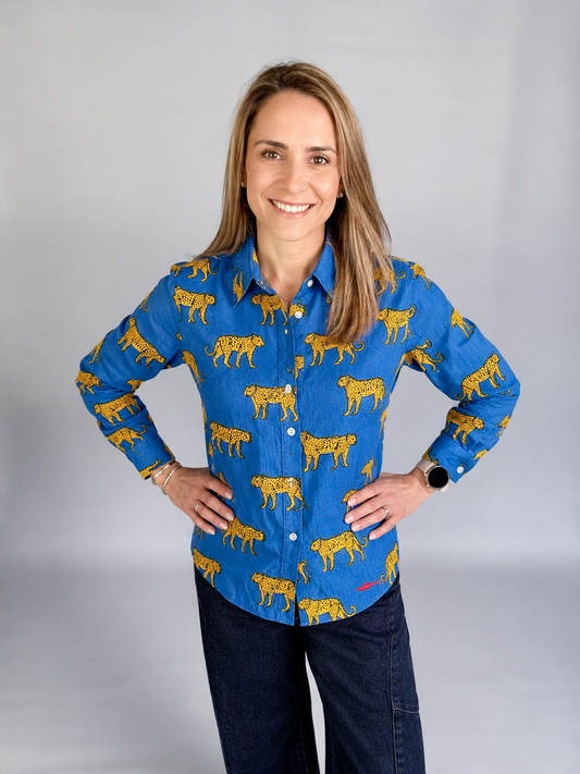 Ladies Shirt - Royal Blue w Orange Leopard