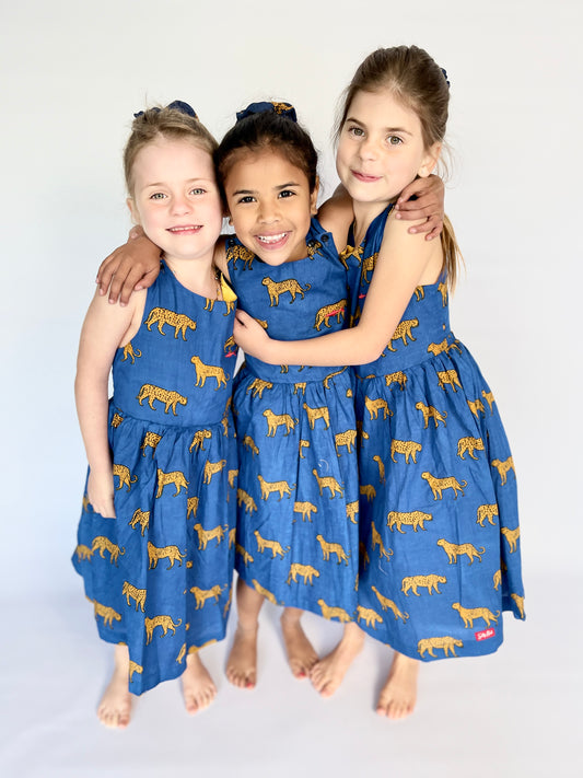 Girls Criss Cross back Dress - Royal Blue Leopard