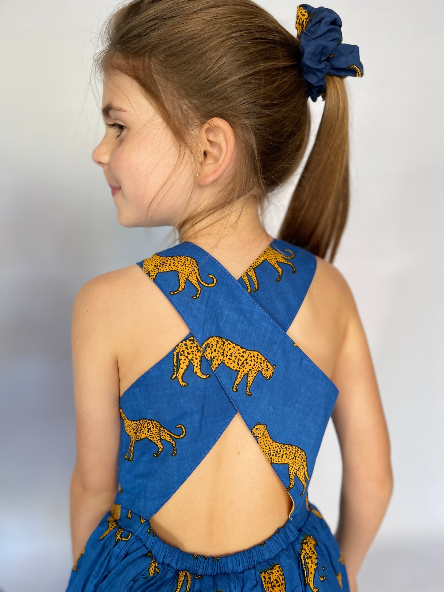 Girls Criss Cross back Dress - Royal Blue Leopard