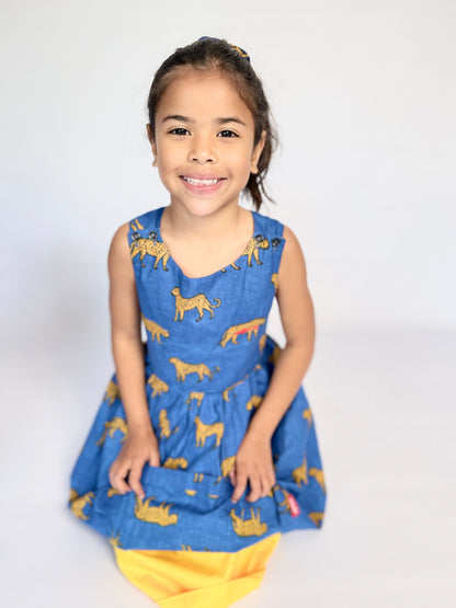 Girls Criss Cross back Dress - Royal Blue Leopard