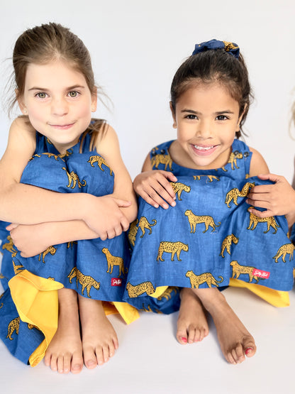 Girls Criss Cross back Dress - Royal Blue Leopard