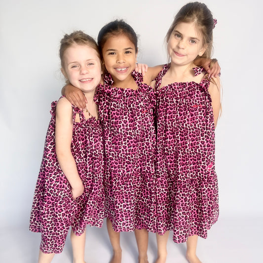 Girls Swirly Dress - Pink and Black Leopard Print