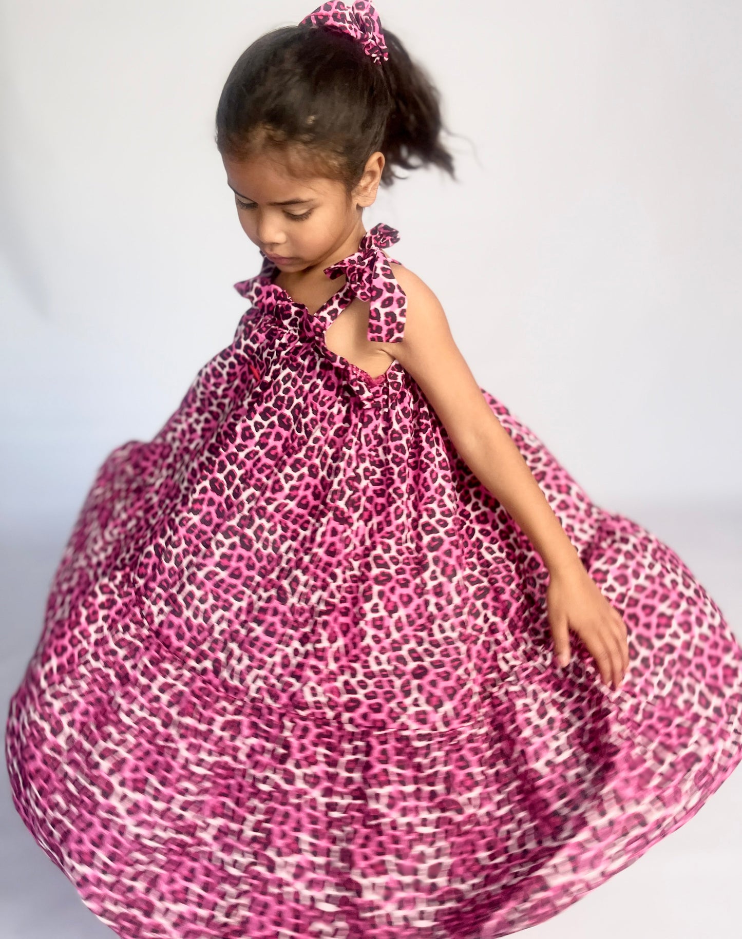 Girls Swirly Dress - Pink and Black Leopard Print