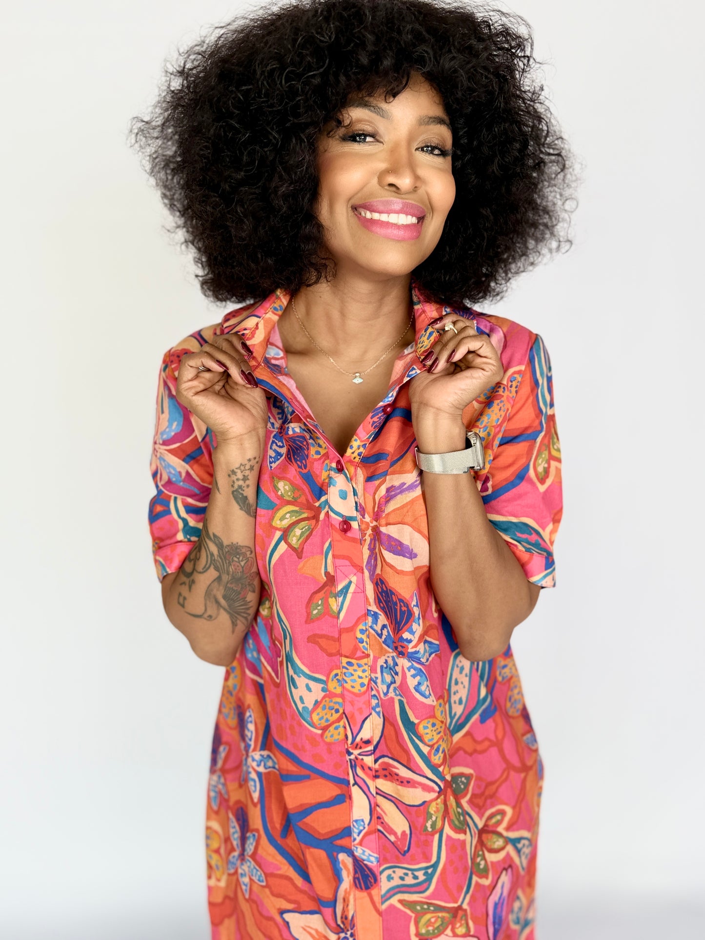 Ladies Shirt Dress - Pink Floral