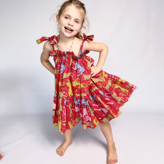 Girls Swirly Dress - Red Christmas Leopard