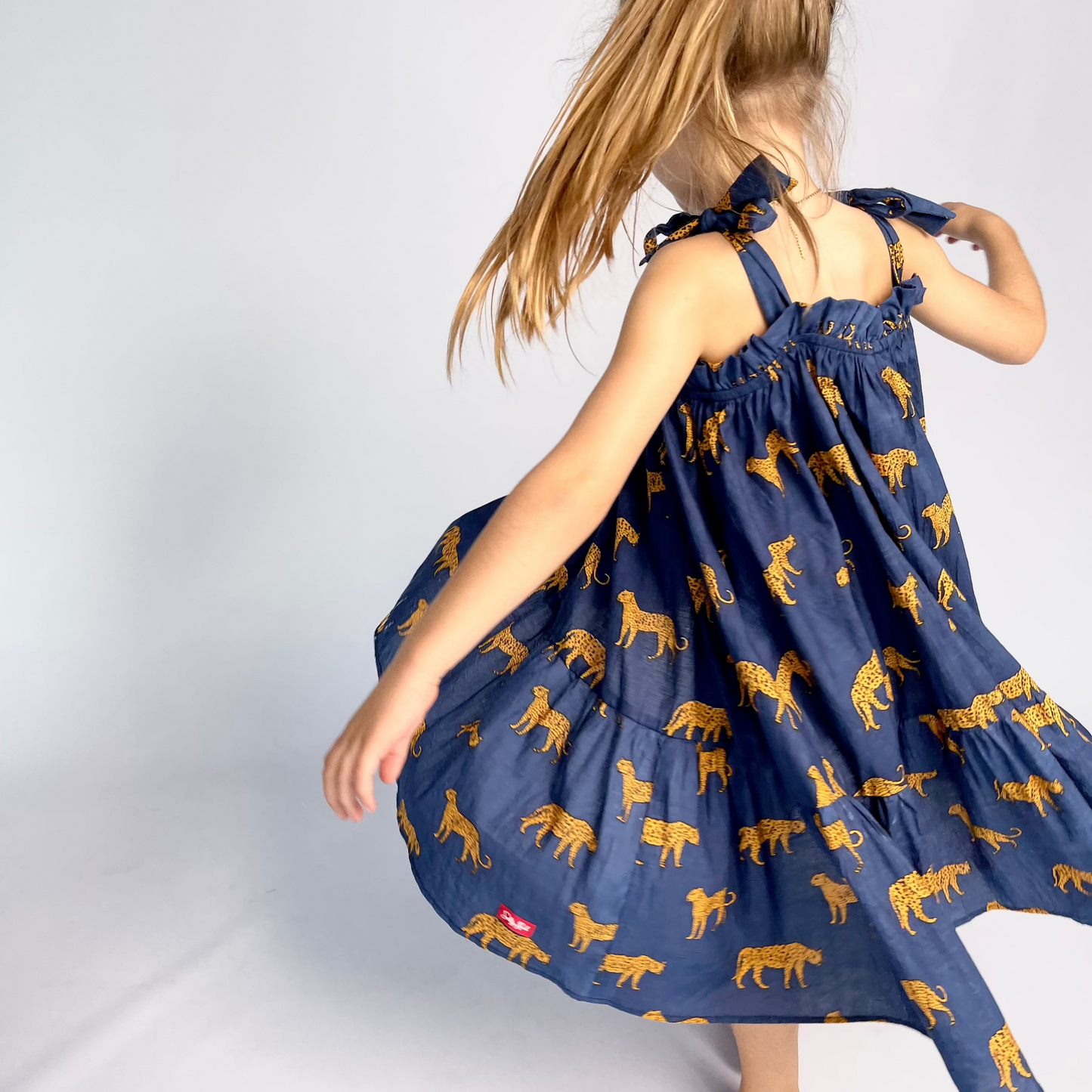 Girls Swirly Dress - Navy w Orange Leopards