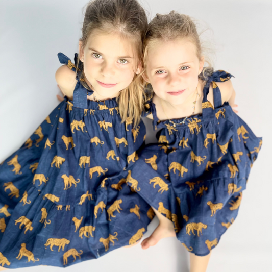 Girls Swirly Dress - Navy w Orange Leopards