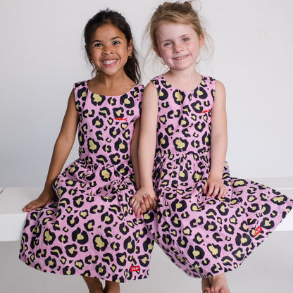 Girls Criss Cross back Dress - Pink and Black Animal Print
