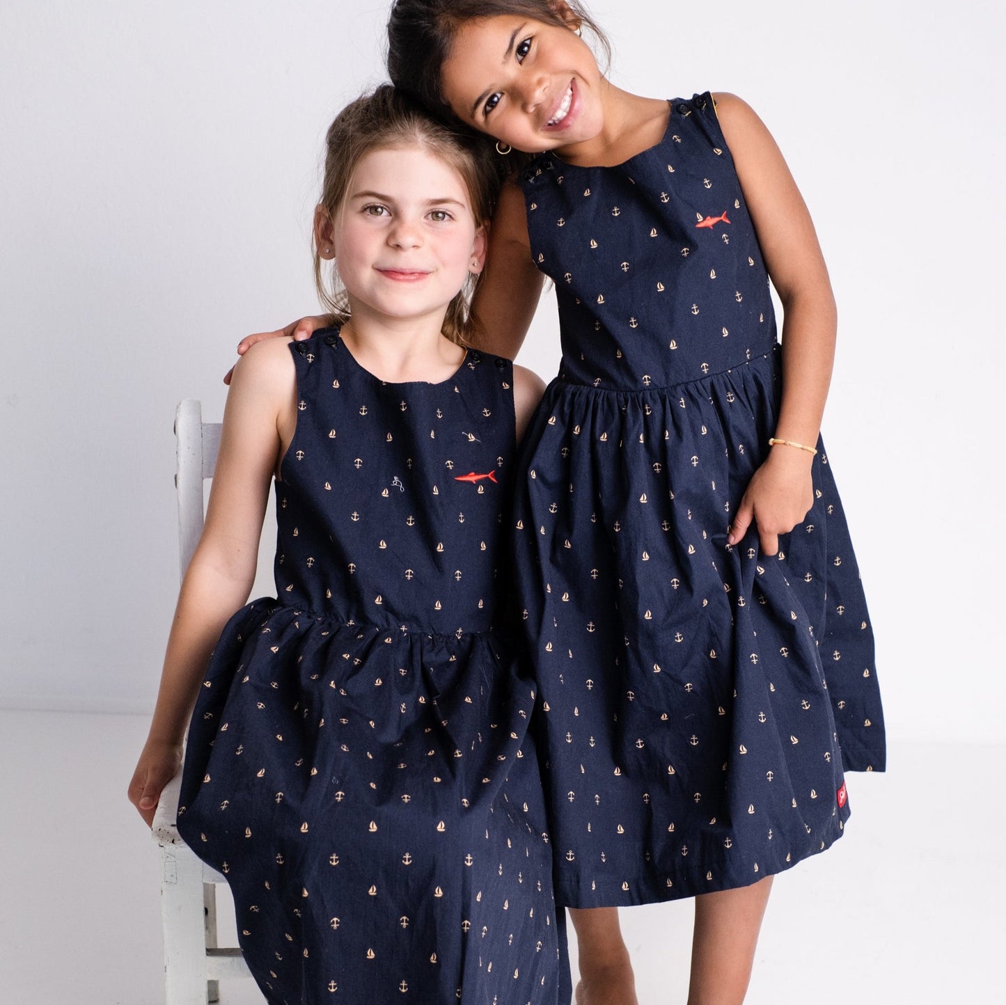 Girls Criss Cross back Dress - Navy Boats