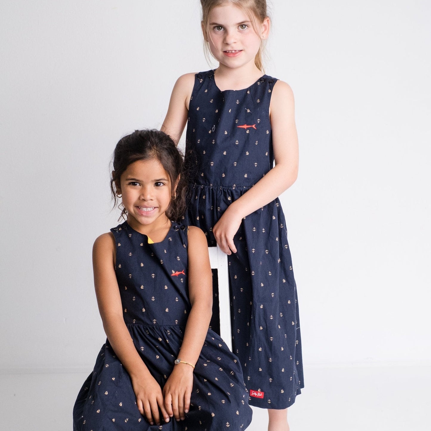 Girls Criss Cross back Dress - Navy Boats