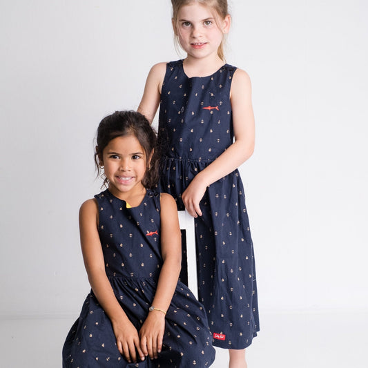 Girls Criss Cross back Dress - Navy Boats