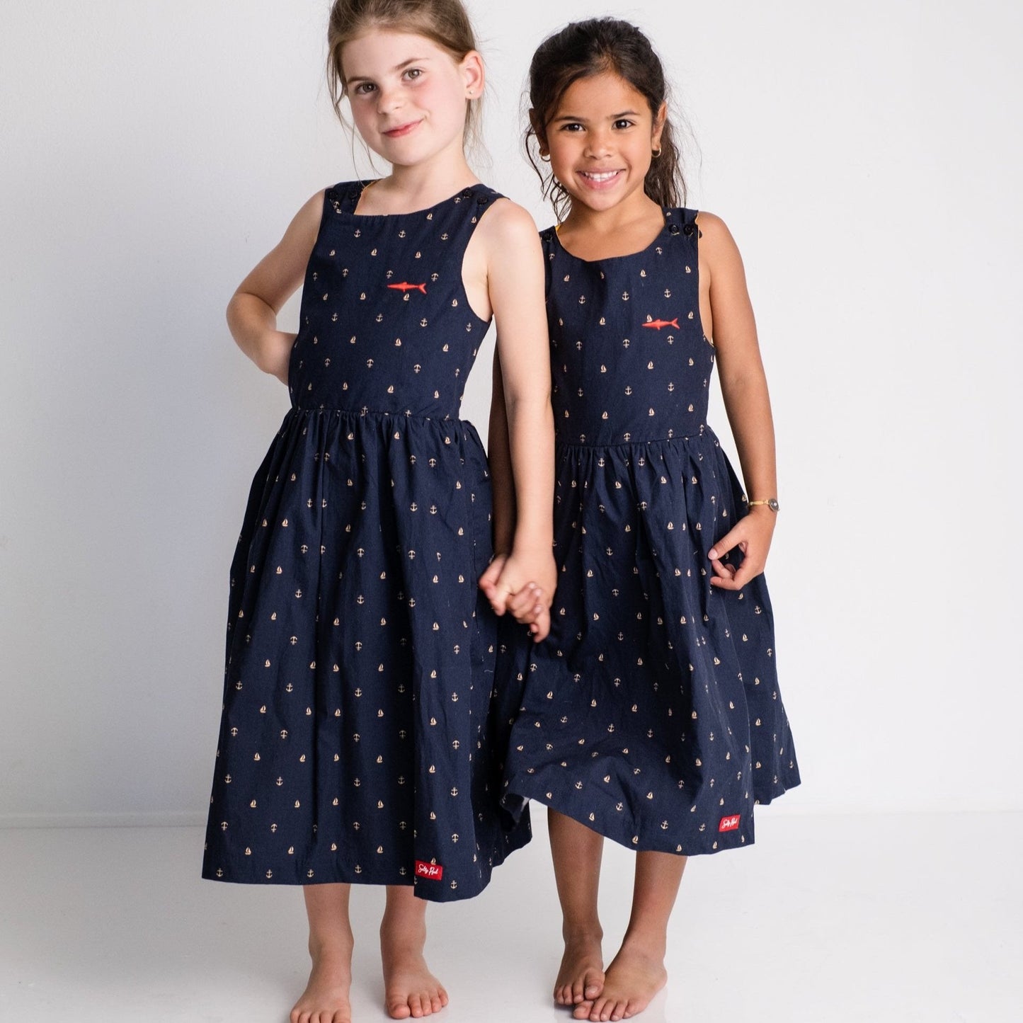 Girls Criss Cross back Dress - Navy Boats