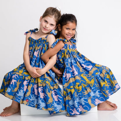 Girls Swirly Dress - Cheetah on Royal Blue